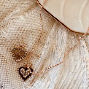 TWO Heart Rhinestone embellished pendants Goldtoned Rhinestone Necklace
